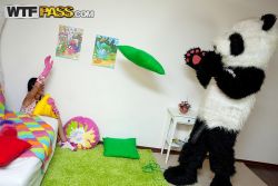 pornstar lerok lovable teen sucks black strapon hooked up to panda toy 250x167